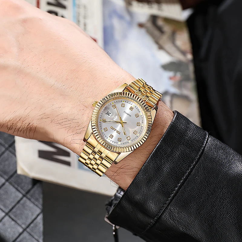 New Fashion Luxury Brand Watches Golden Full Steel Quartz Wrist Watch For Men Date Business Clock