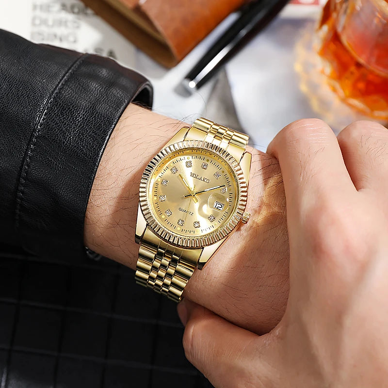 New Fashion Luxury Brand Watches Golden Full Steel Quartz Wrist Watch For Men Date Business Clock
