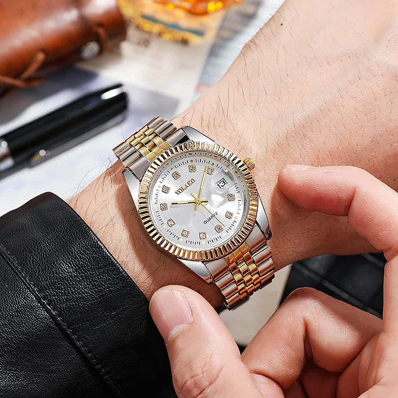 New Fashion Luxury Brand Watches Golden Full Steel Quartz Wrist Watch For Men Date Business Clock