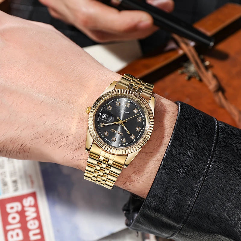 New Fashion Luxury Brand Watches Golden Full Steel Quartz Wrist Watch For Men Date Business Clock