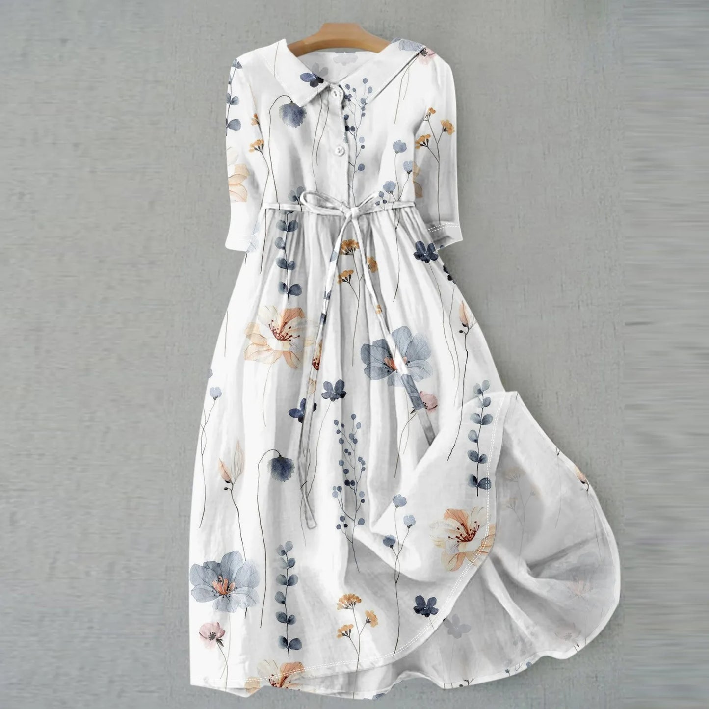 Women'S Fashion Vintage Floral Print Lapel Button Three Quarter Sleeves Strappy Dress Vestidos Verano Moda 2025 Summer Dress