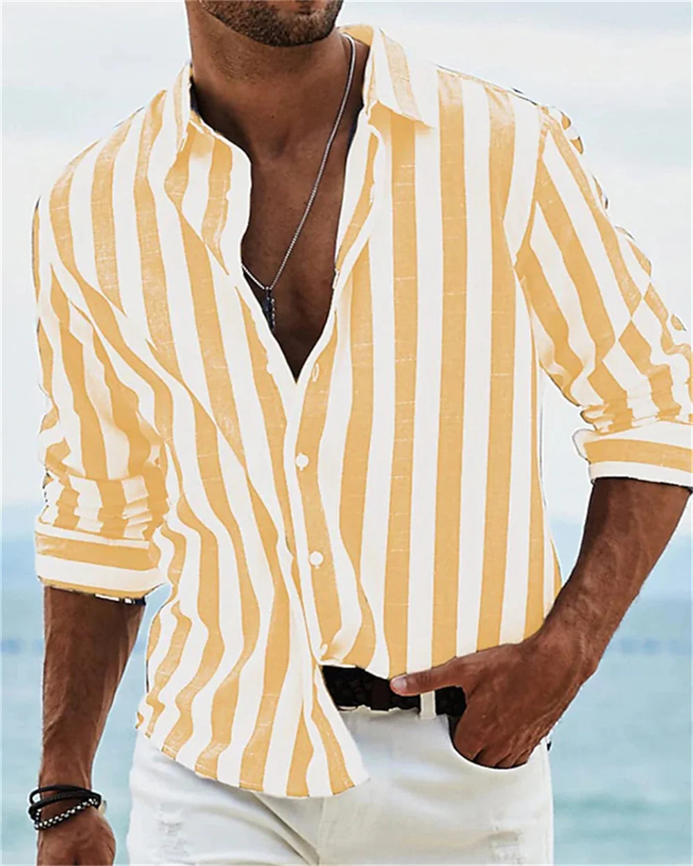 2024 New Men's Long sleeved Blue Stripe Printed Shirt Social Luxury Men's Wear
