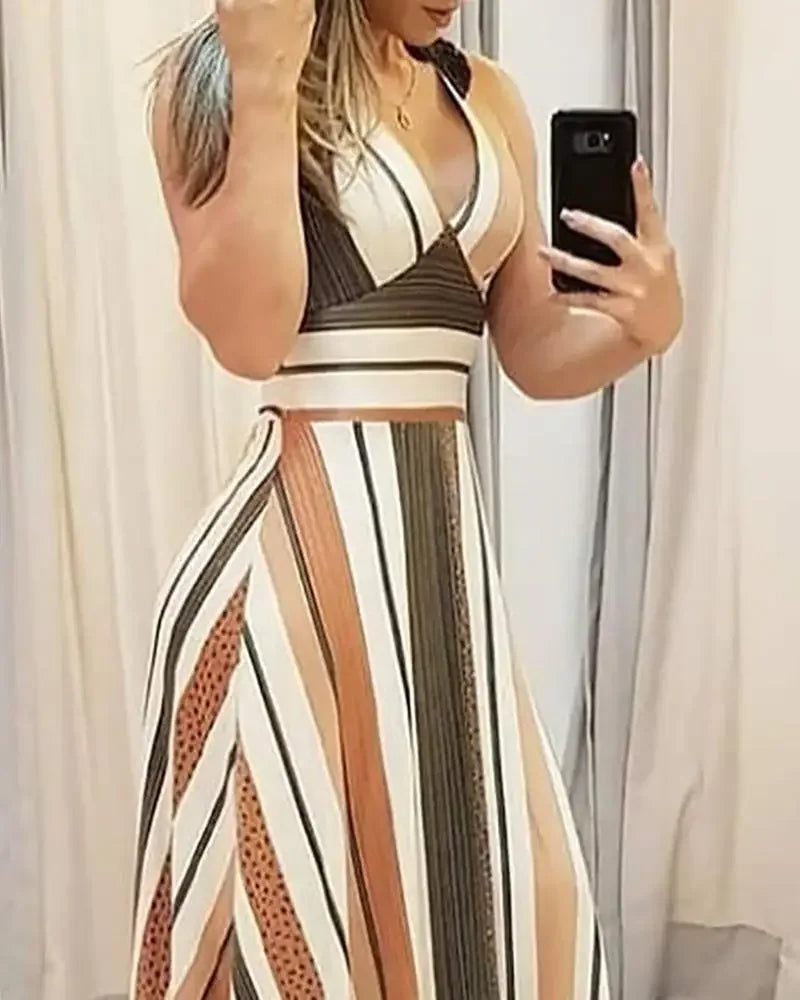 Women Fashion Dress 2024 Spring/summer Latest European American Leisure Commuter Sleeveles Stripe Printed Color Block Long Dress