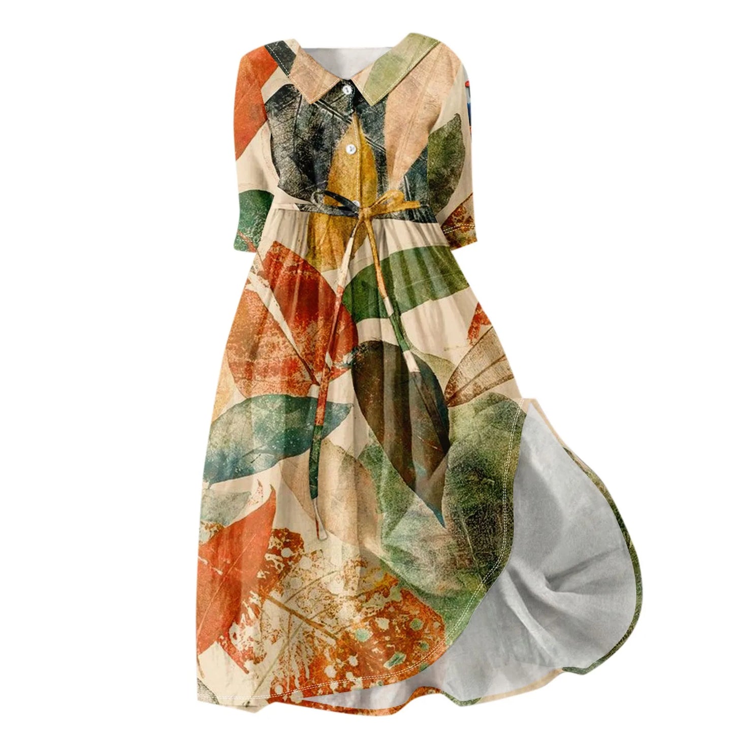 Women'S Fashion Vintage Floral Print Lapel Button Three Quarter Sleeves Strappy Dress Vestidos Verano Moda 2025 Summer Dress