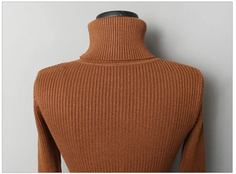 Women Turtleneck Warm Bodycon Dress Long Sleeve Knit Solid Office Pullover Sexy Mini Dress for Ladies 2025