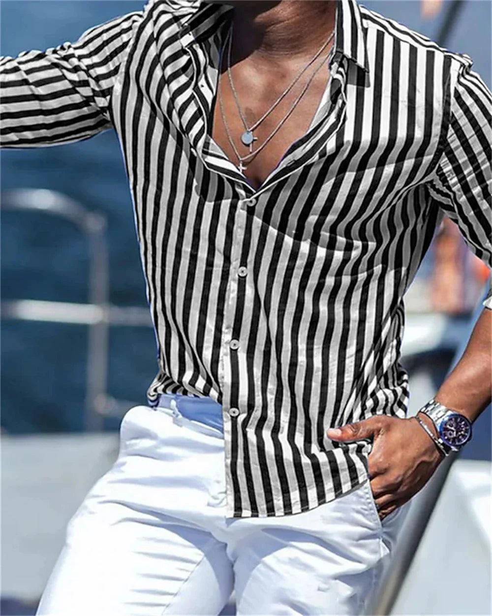 2024 New Men's Long sleeved Blue Stripe Printed Shirt Social Luxury Men's Wear