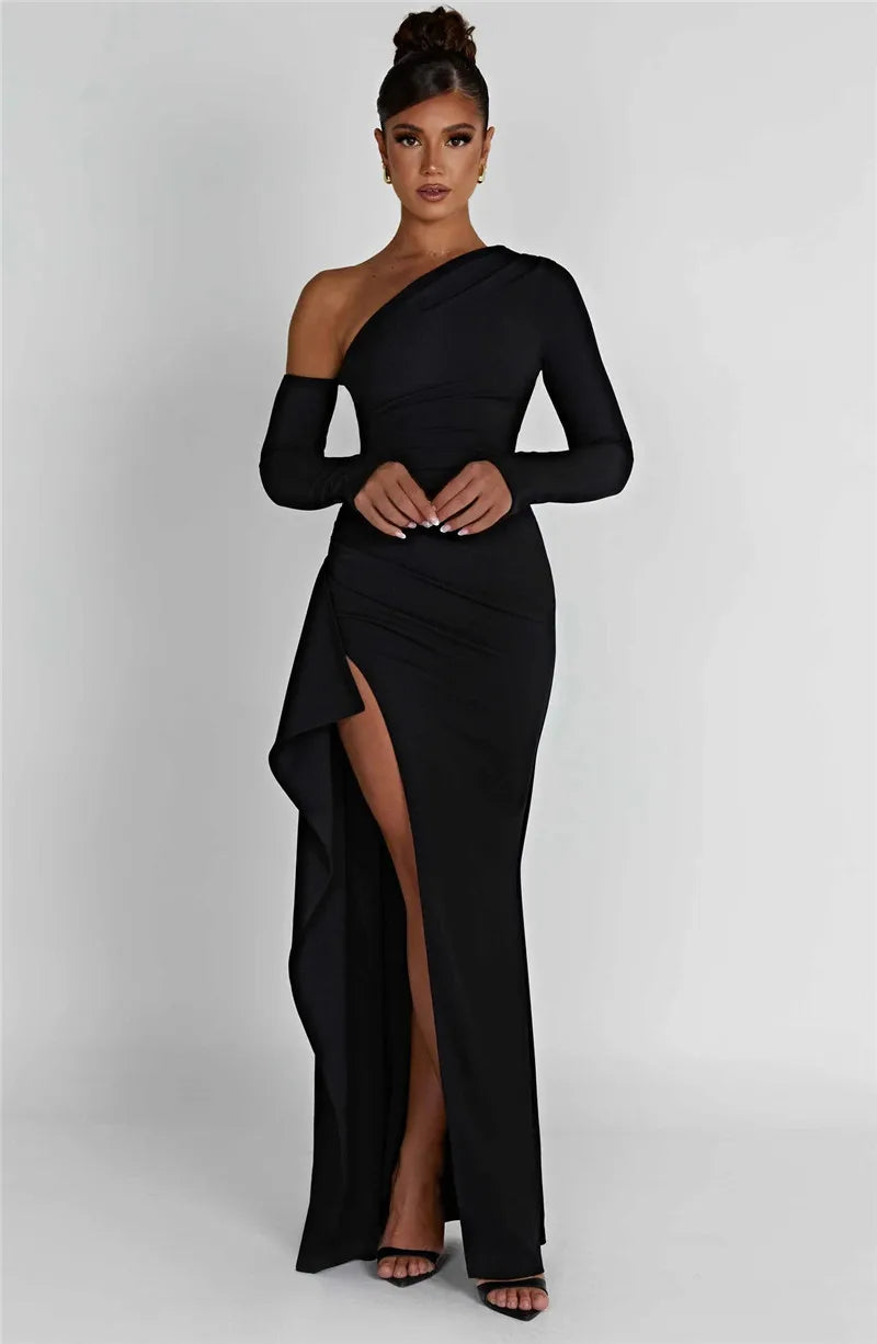 Mozision Oblique Shoulder Thigh High Split Maxi Dress Women Long Sleeve Backless Bodycon Sexy Club Party Long Dress Vestidos