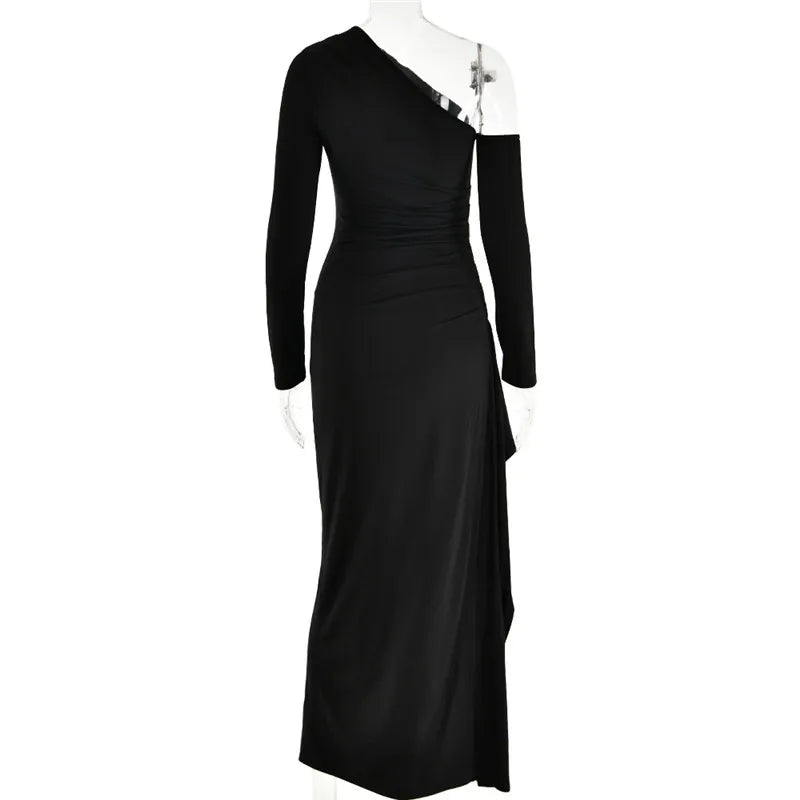 Mozision Oblique Shoulder Thigh High Split Maxi Dress Women Long Sleeve Backless Bodycon Sexy Club Party Long Dress Vestidos