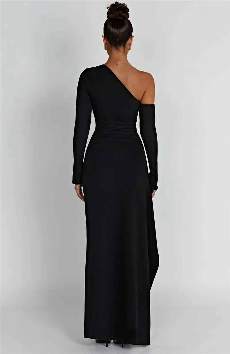 Mozision Oblique Shoulder Thigh High Split Maxi Dress Women Long Sleeve Backless Bodycon Sexy Club Party Long Dress Vestidos