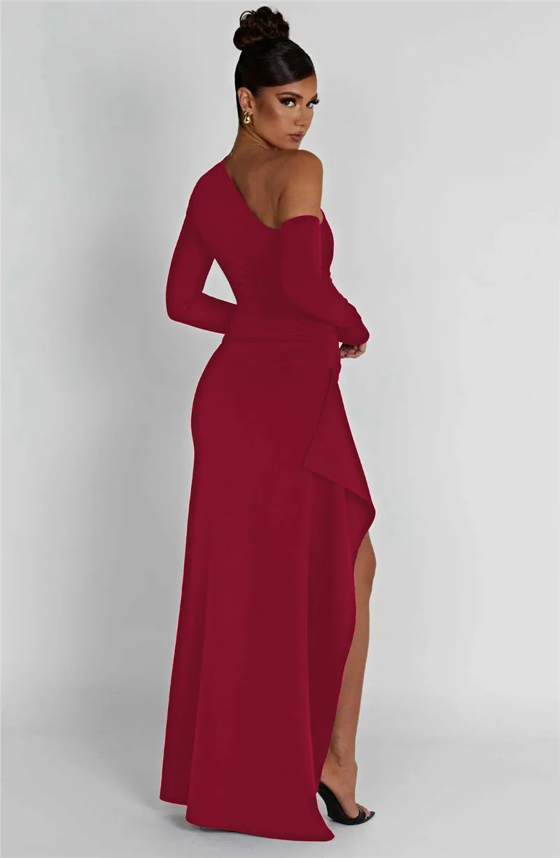 Mozision Oblique Shoulder Thigh High Split Maxi Dress Women Long Sleeve Backless Bodycon Sexy Club Party Long Dress Vestidos