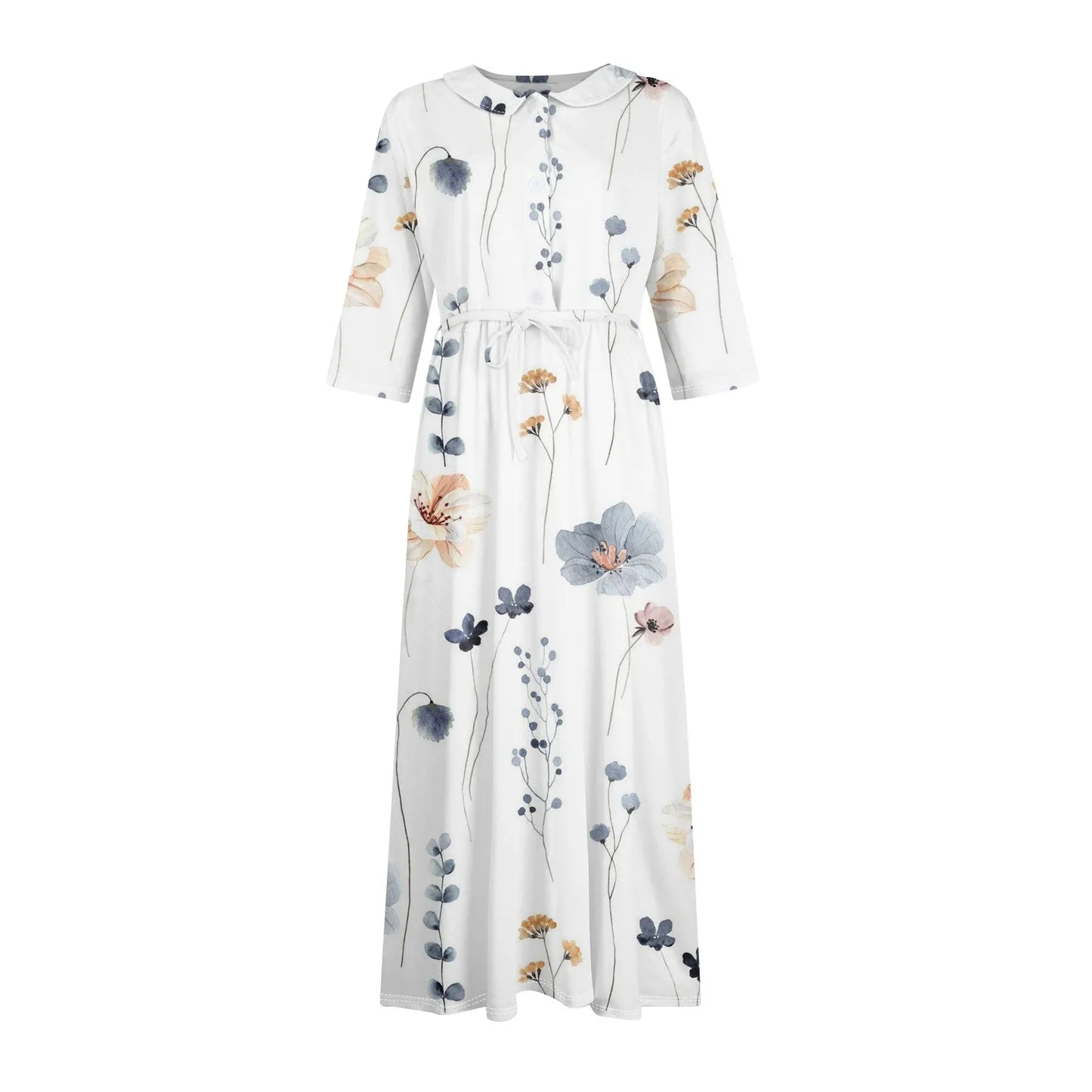 Women'S Fashion Vintage Floral Print Lapel Button Three Quarter Sleeves Strappy Dress Vestidos Verano Moda 2025 Summer Dress
