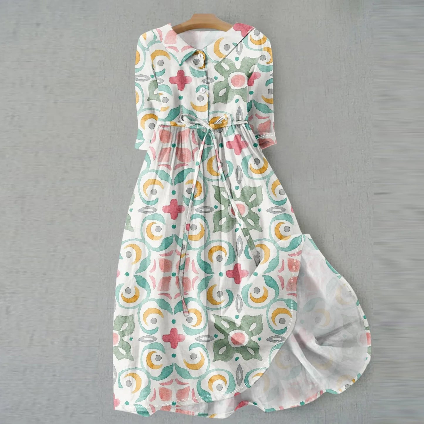 Women'S Fashion Vintage Floral Print Lapel Button Three Quarter Sleeves Strappy Dress Vestidos Verano Moda 2025 Summer Dress