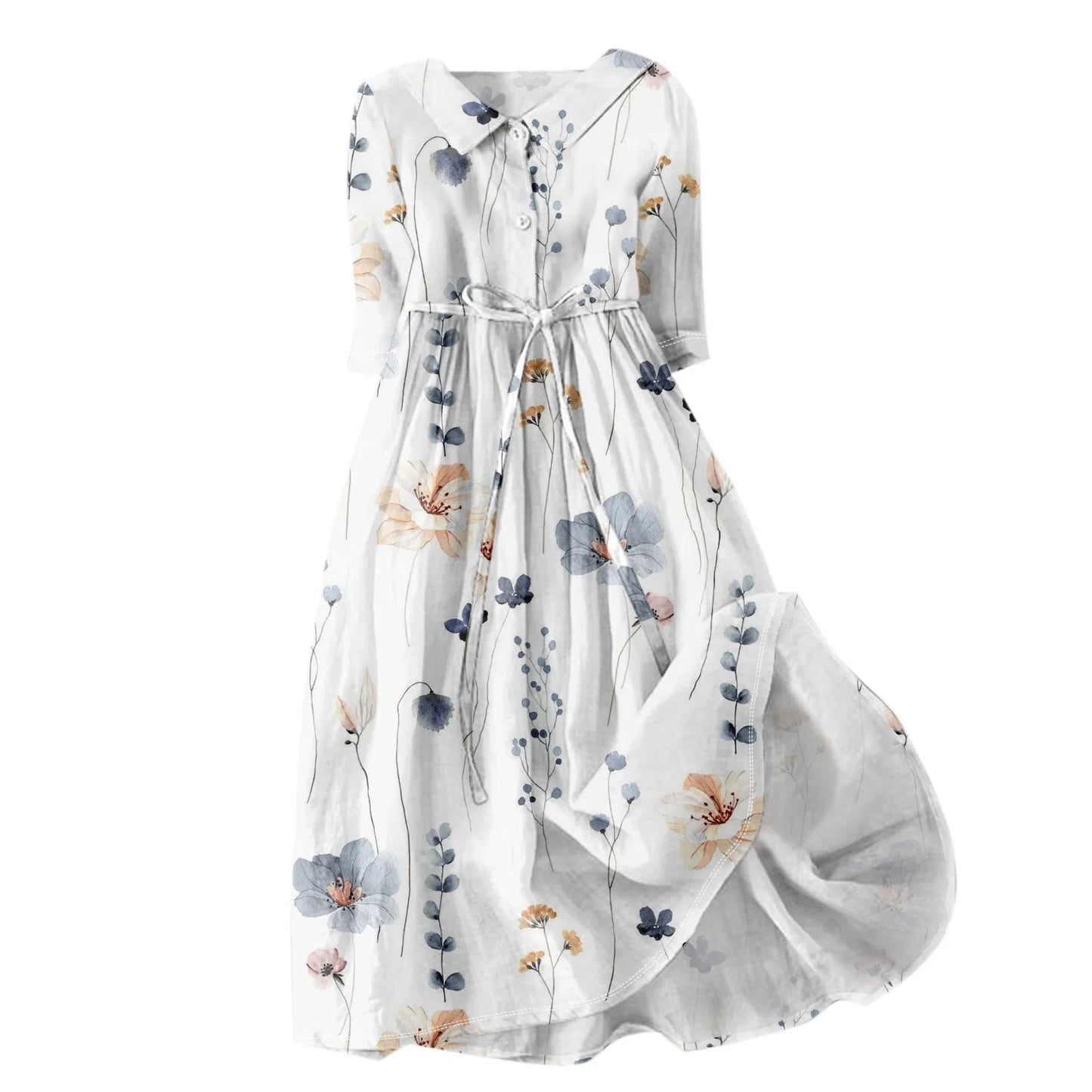 Women'S Fashion Vintage Floral Print Lapel Button Three Quarter Sleeves Strappy Dress Vestidos Verano Moda 2025 Summer Dress