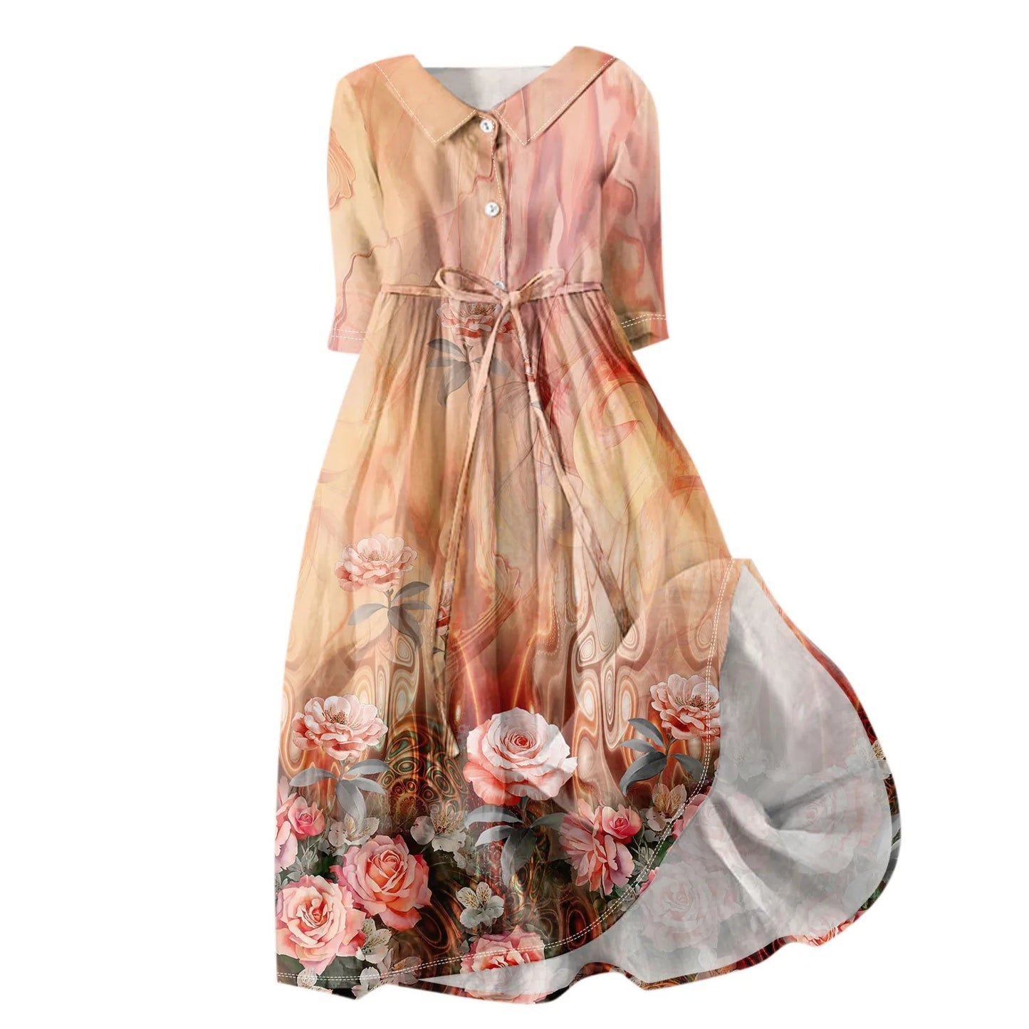 Women'S Fashion Vintage Floral Print Lapel Button Three Quarter Sleeves Strappy Dress Vestidos Verano Moda 2025 Summer Dress