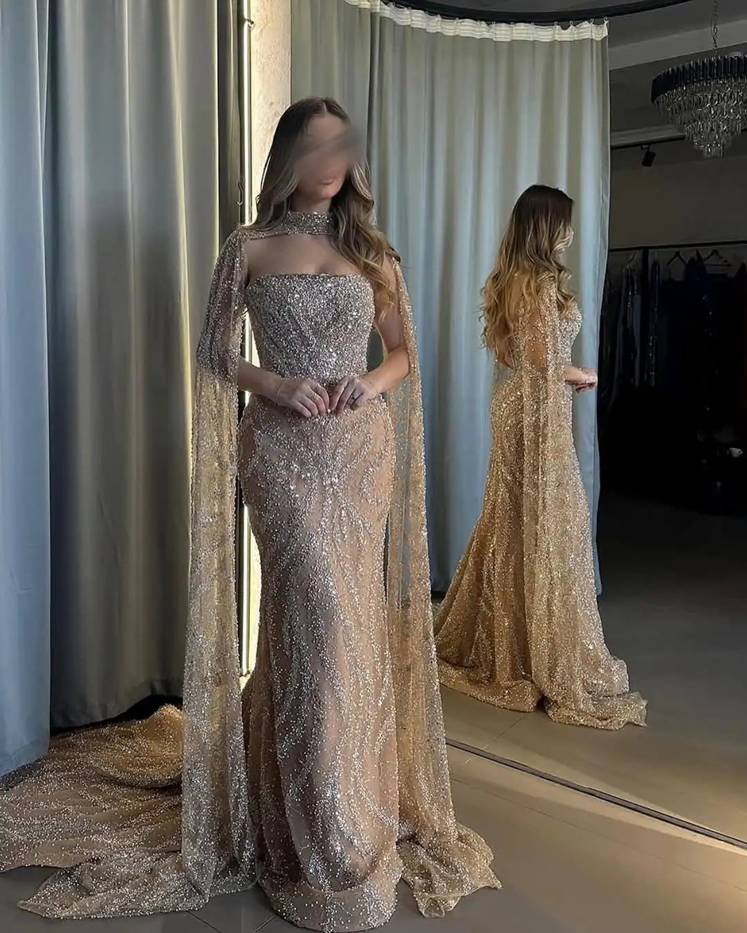 Luxury Dubai Nude Strapless Mermaid Evening Dresses Detachable Cape Beaded Elegant Arabia Gowns For Formal Occasion Customized