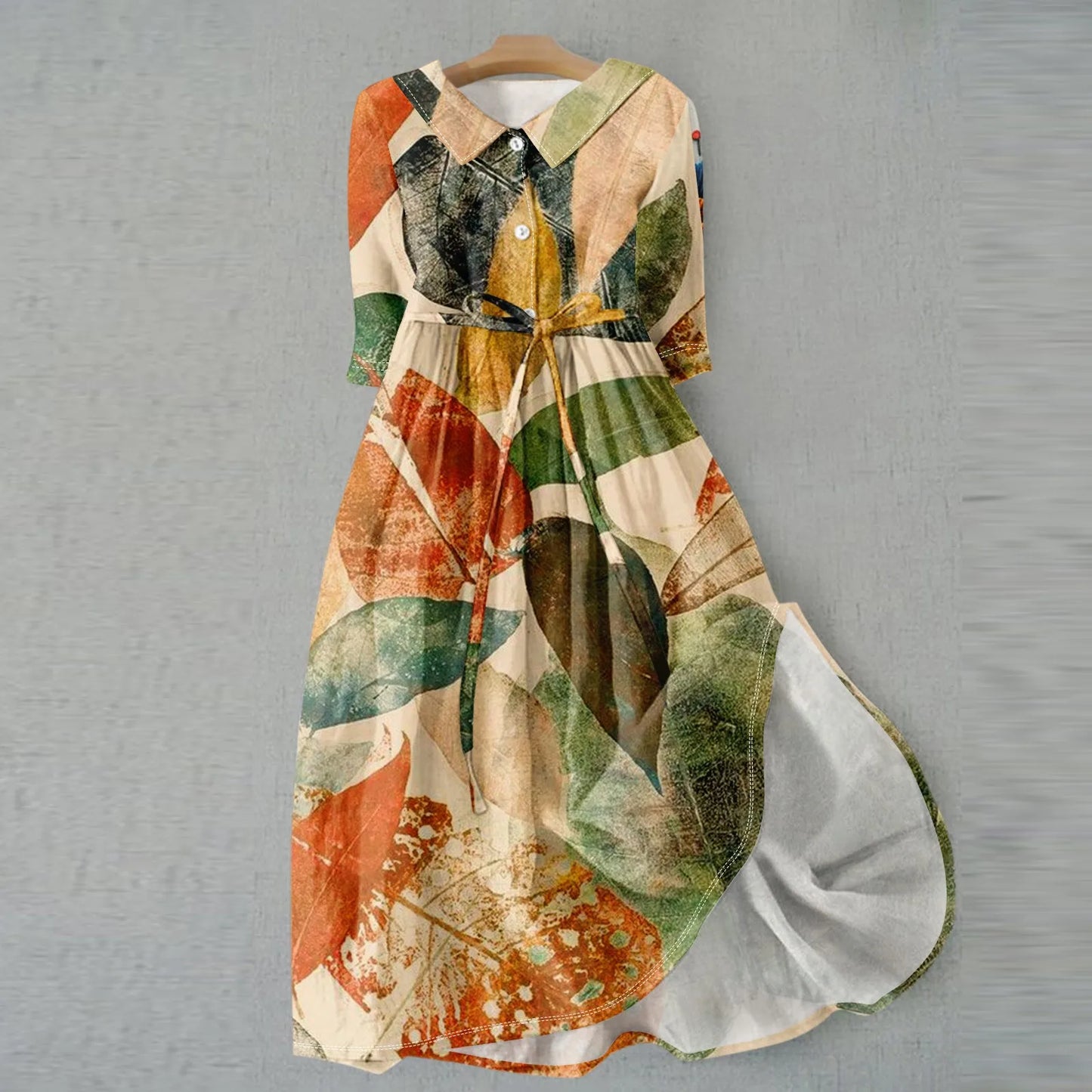 Women'S Fashion Vintage Floral Print Lapel Button Three Quarter Sleeves Strappy Dress Vestidos Verano Moda 2025 Summer Dress