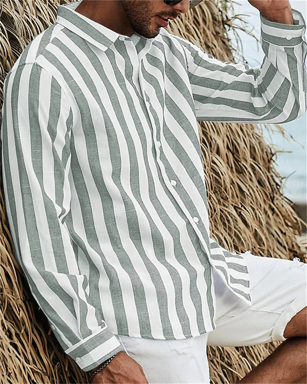 2024 New Men's Long sleeved Blue Stripe Printed Shirt Social Luxury Men's Wear