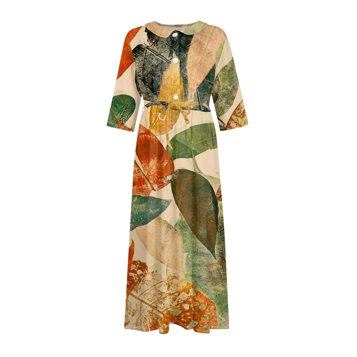Women'S Fashion Vintage Floral Print Lapel Button Three Quarter Sleeves Strappy Dress Vestidos Verano Moda 2025 Summer Dress