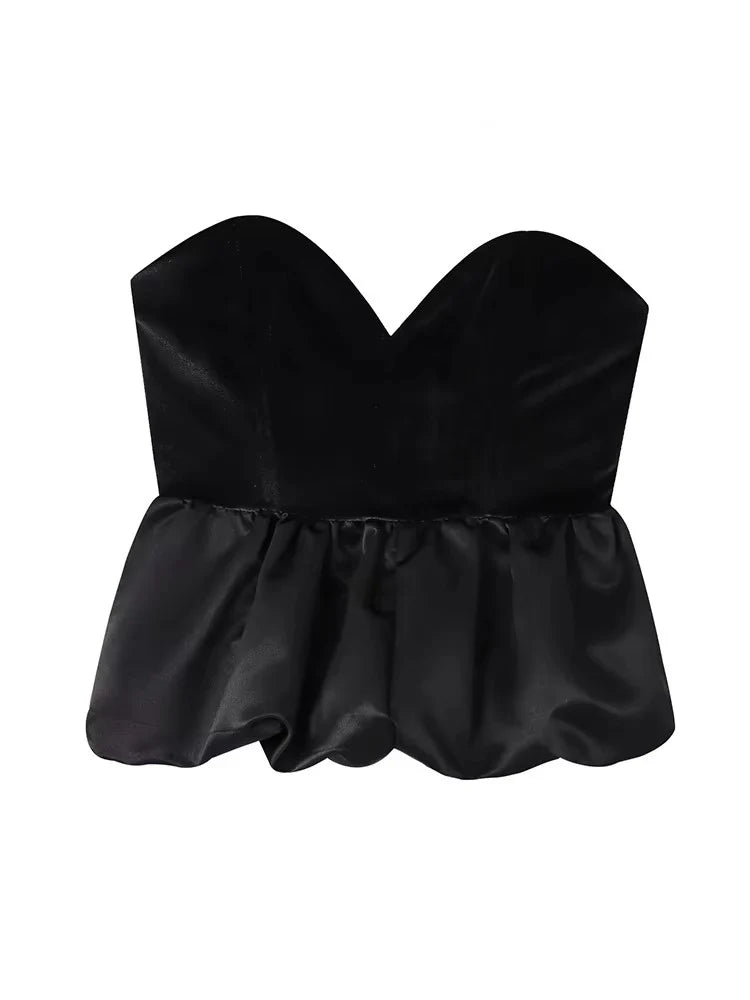 TFMLN New Velvet Women's Tops 2025 Spring Female Black Slim Sexy Splicing Harajuku Fashion Short Clothing