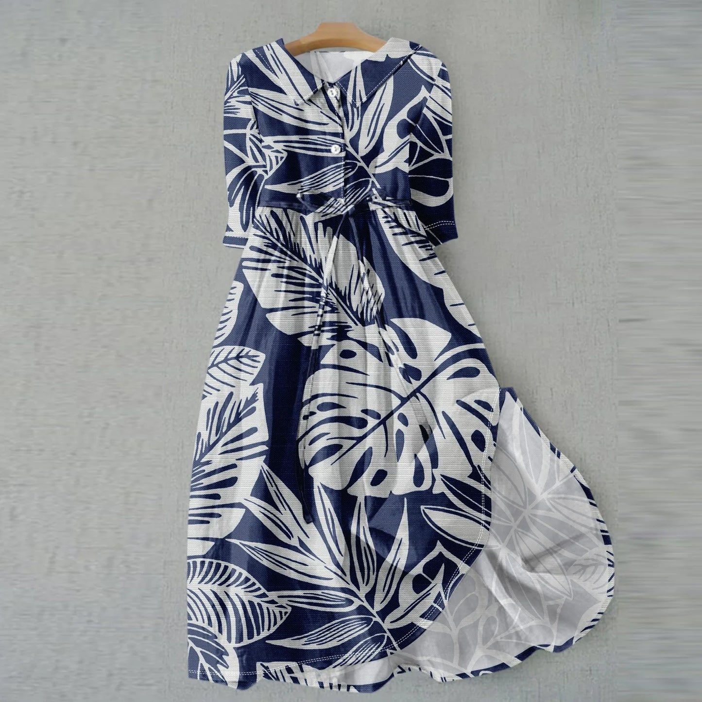 Women'S Fashion Vintage Floral Print Lapel Button Three Quarter Sleeves Strappy Dress Vestidos Verano Moda 2025 Summer Dress