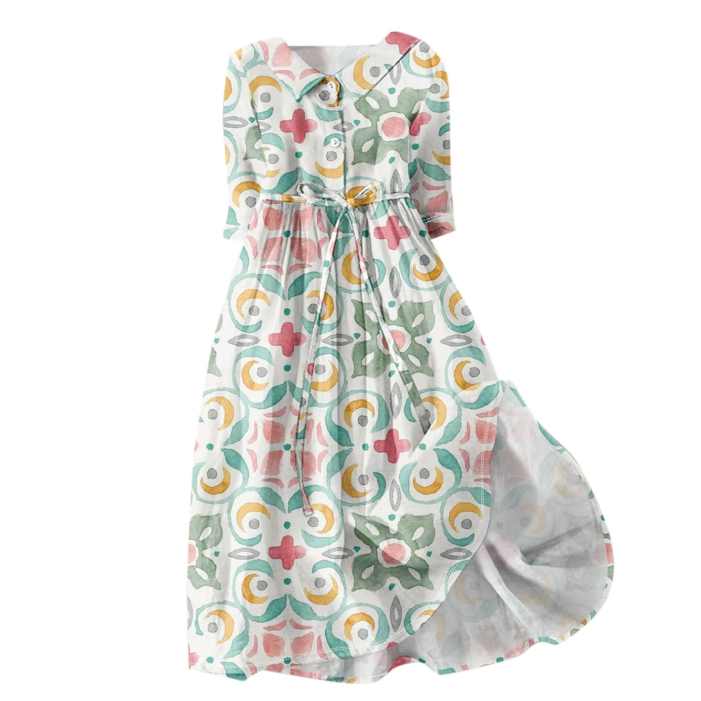 Women'S Fashion Vintage Floral Print Lapel Button Three Quarter Sleeves Strappy Dress Vestidos Verano Moda 2025 Summer Dress