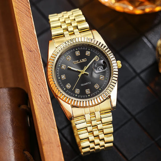 New Fashion Luxury Brand Watches  Golden Full Steel Quartz Wrist Watch For Men Date Business Clock
