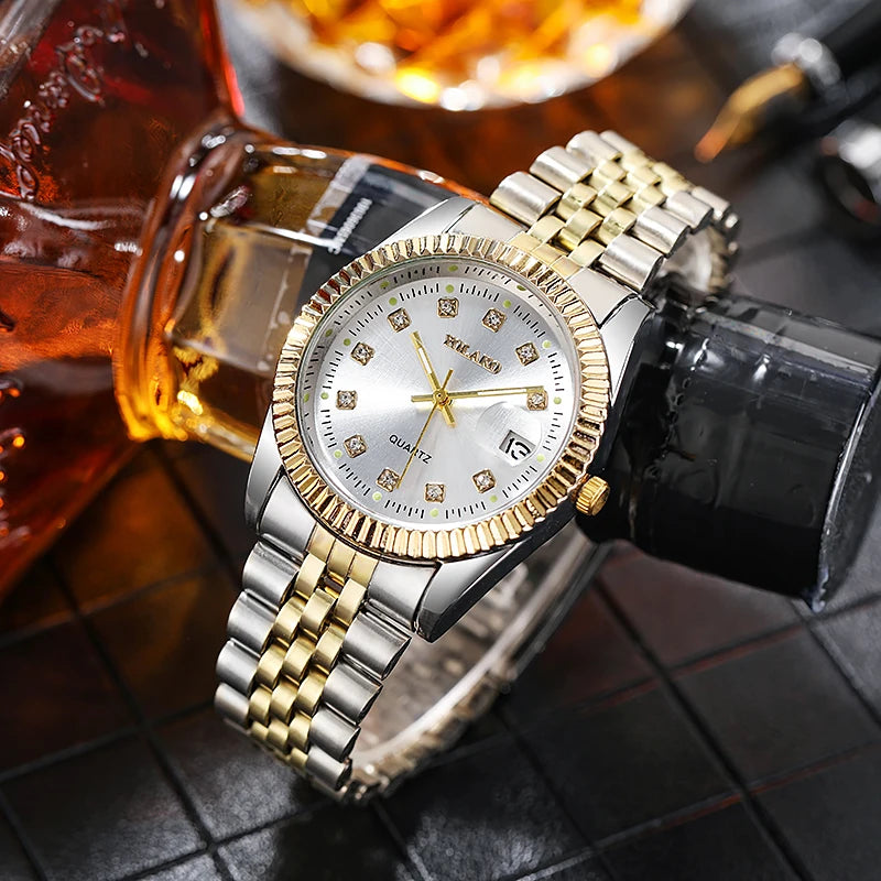 New Fashion Luxury Brand Watches  Golden Full Steel Quartz Wrist Watch For Men Date Business Clock