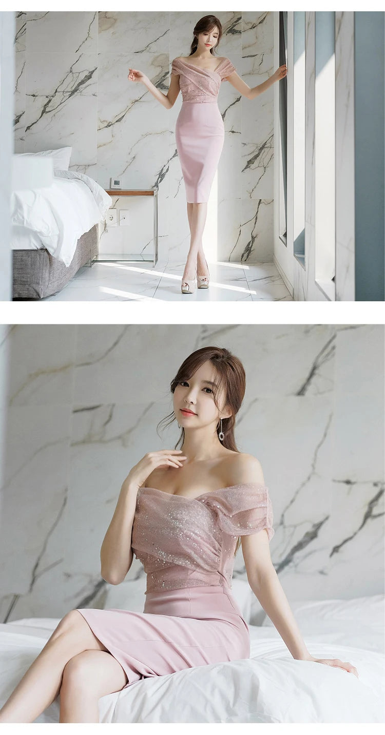 Fashion Evening Dress Women Ladies Clothes Elegant Sparkly Shiny Sequin Sexy Off-Shoulder Backless Midi Party Prom Mujer Vestido