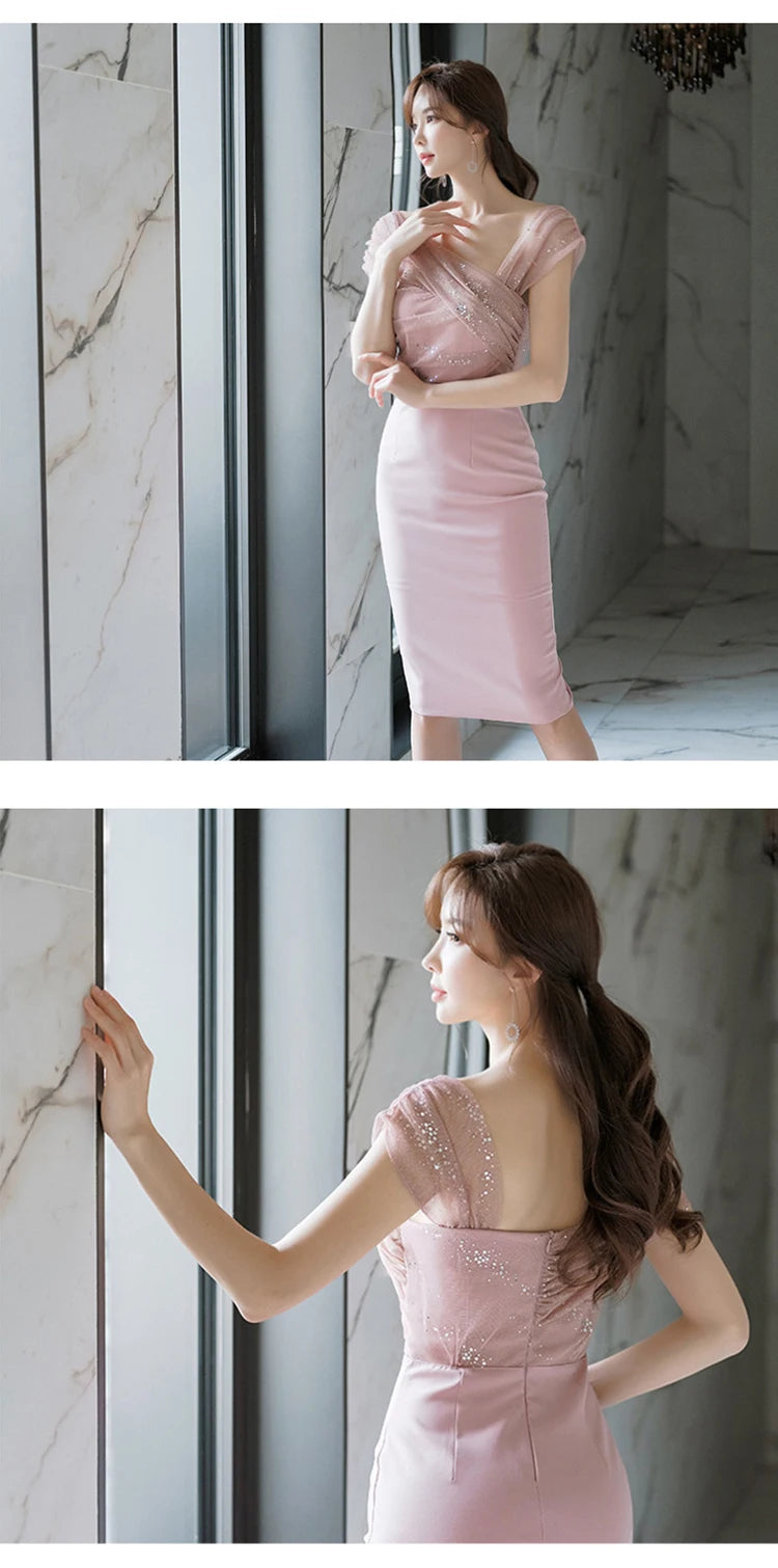 Fashion Evening Dress Women Ladies Clothes Elegant Sparkly Shiny Sequin Sexy Off-Shoulder Backless Midi Party Prom Mujer Vestido
