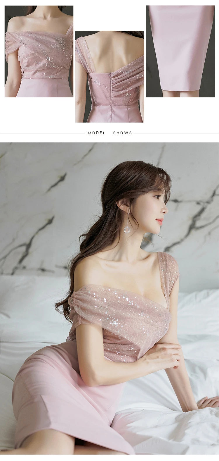 Fashion Evening Dress Women Ladies Clothes Elegant Sparkly Shiny Sequin Sexy Off-Shoulder Backless Midi Party Prom Mujer Vestido