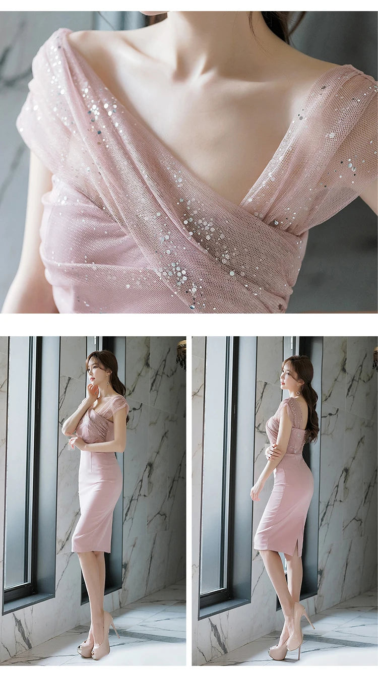 Fashion Evening Dress Women Ladies Clothes Elegant Sparkly Shiny Sequin Sexy Off-Shoulder Backless Midi Party Prom Mujer Vestido
