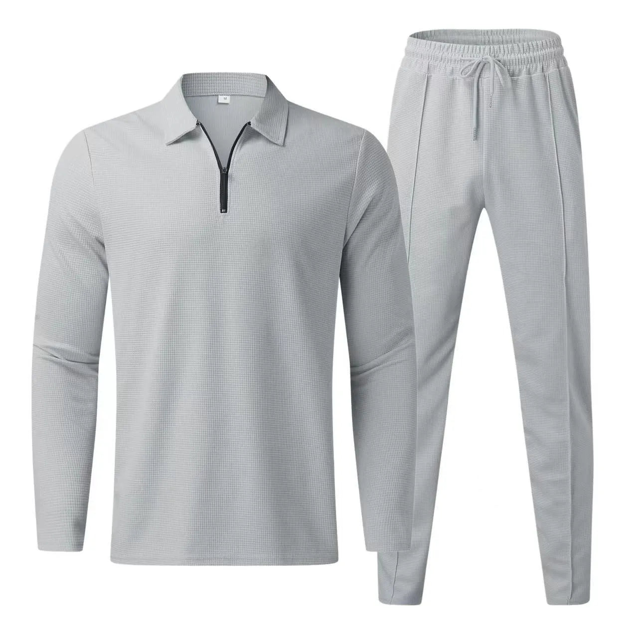 New Waffle men's casual long sleeve Polo shirt + sweatpants suit set Solid men's lapel collar sweatshirt set 2PCS men's clothing