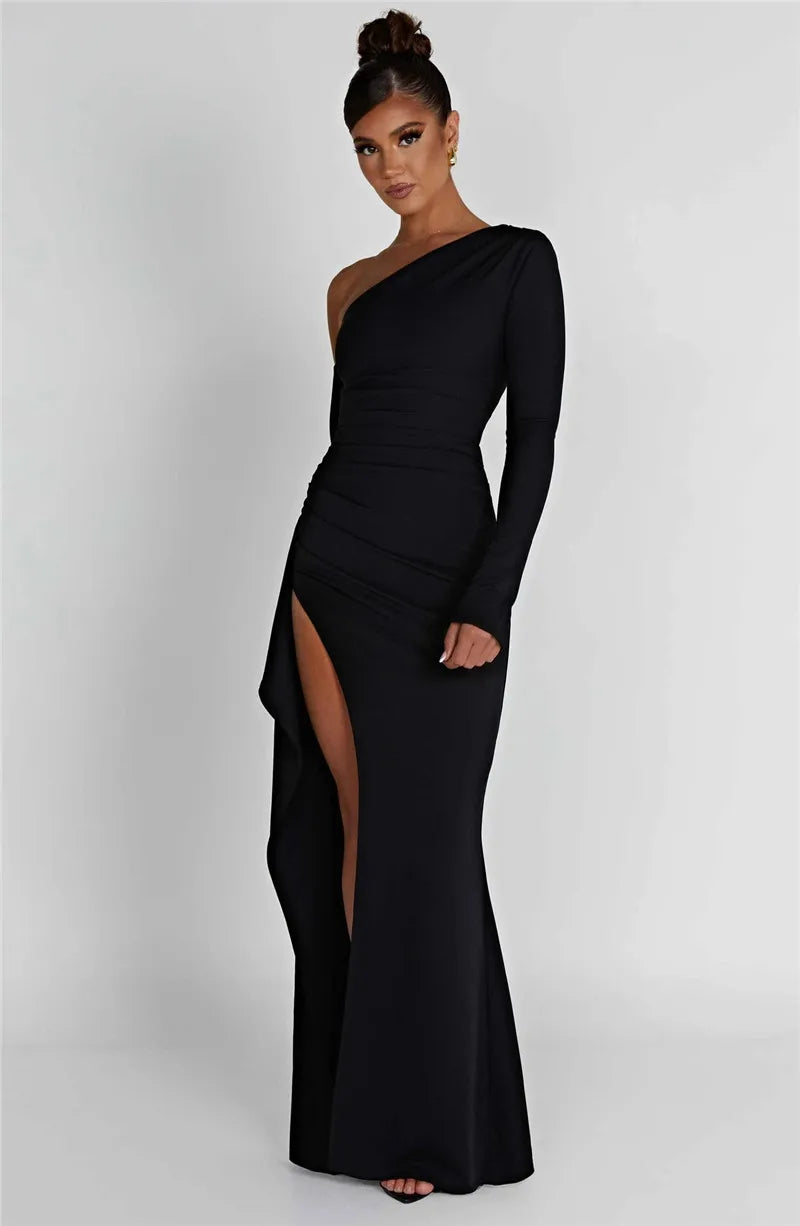 Mozision Oblique Shoulder Thigh High Split Maxi Dress Women Long Sleeve Backless Bodycon Sexy Club Party Long Dress Vestidos