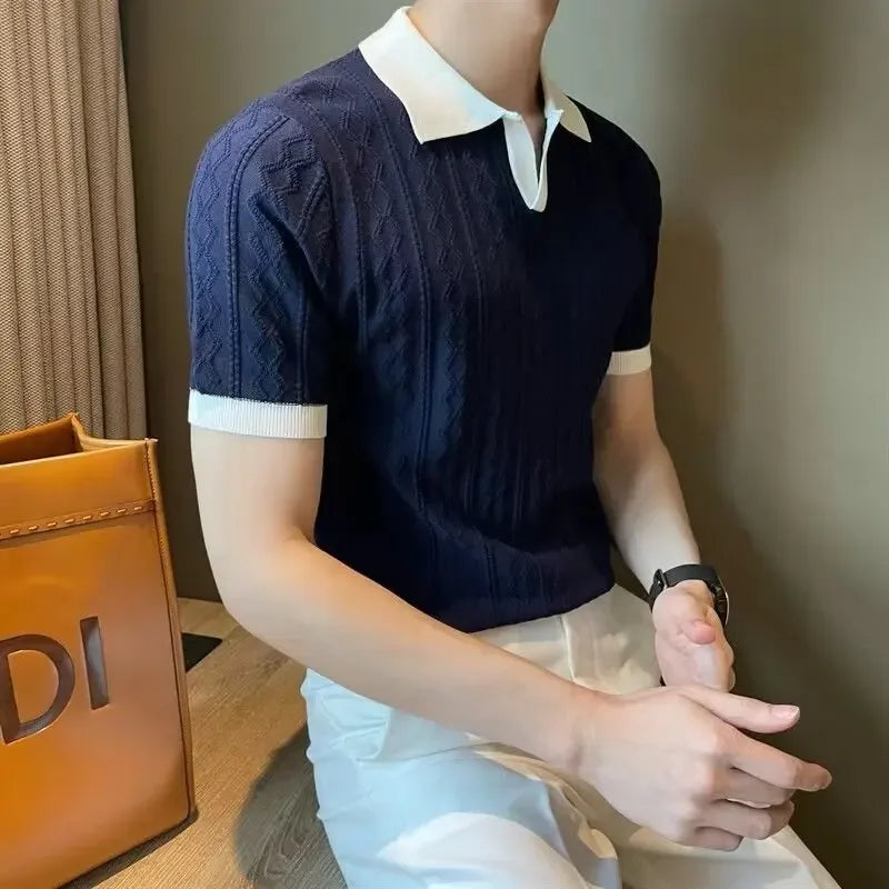 Men's Knit Short Sleeve Polo Shirt Casual Soft Supple High-end Feel Round Neck Loose-fit Top Japanese Style Solid Color