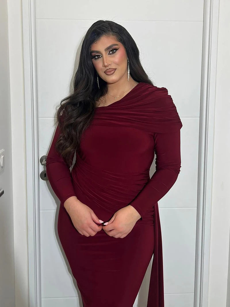 Skew Collar Long Sleeve Sexy Maxi Dress For Women Gown Fashion Backless Draped Ruched Bodycon Club Long Dress Elegant
