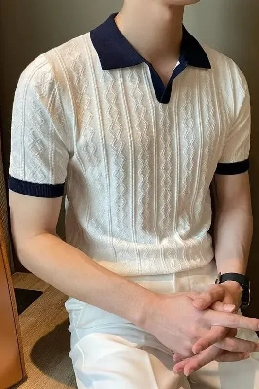 Men's Knit Short Sleeve Polo Shirt Casual Soft Supple High-end Feel Round Neck Loose-fit Top Japanese Style Solid Color