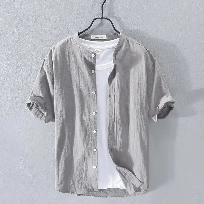 Men's Linen Shirt Short Sleeve Stand Collar Loose-fit Summer Thin Casual White Shirt Fresh Style Men's Casual Short Sleeve