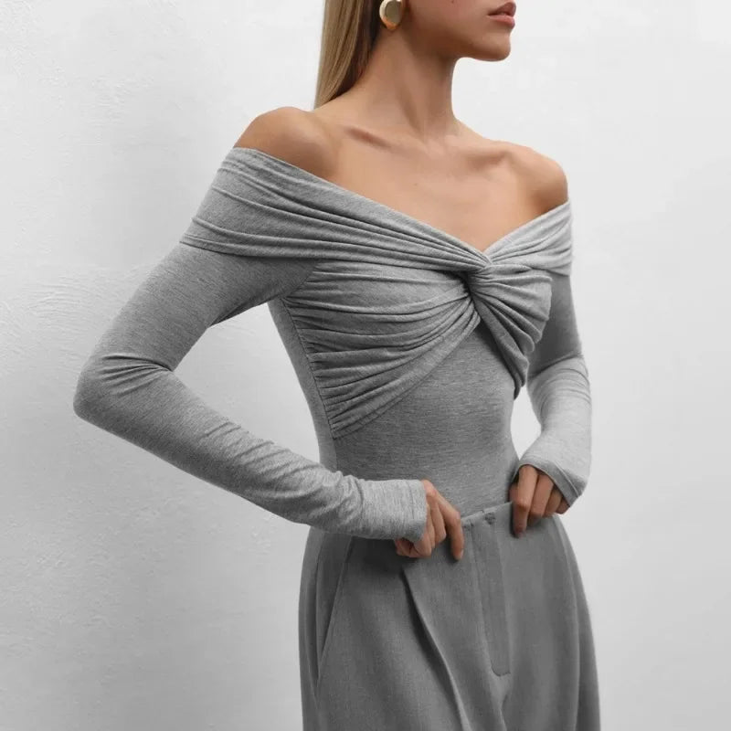 Sexy T-shirt Top Women's Pleated Long Sleeve Inner V-Neck White Slim Twist Cropped Pullover Female Tee