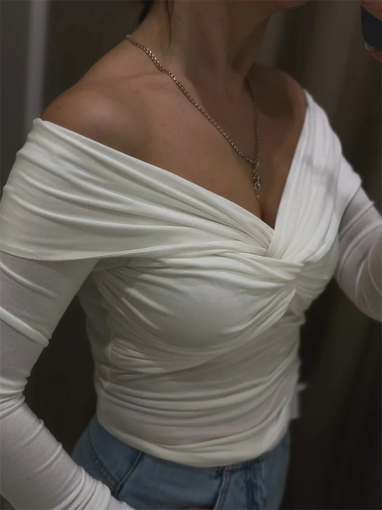 Sexy T-shirt Top Women's Pleated Long Sleeve Inner V-Neck White Slim Twist Cropped Pullover Female Tee