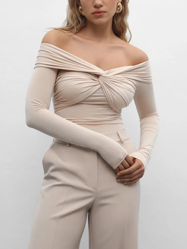 Sexy T-shirt Top Women's Pleated Long Sleeve Inner V-Neck White Slim Twist Cropped Pullover Female Tee