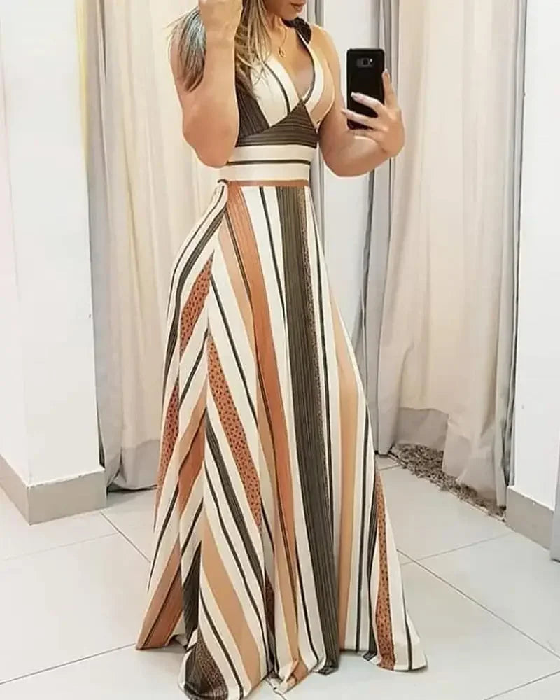 Women Fashion Dress 2024 Spring/summer Latest European American Leisure Commuter Sleeveles Stripe Printed Color Block Long Dress