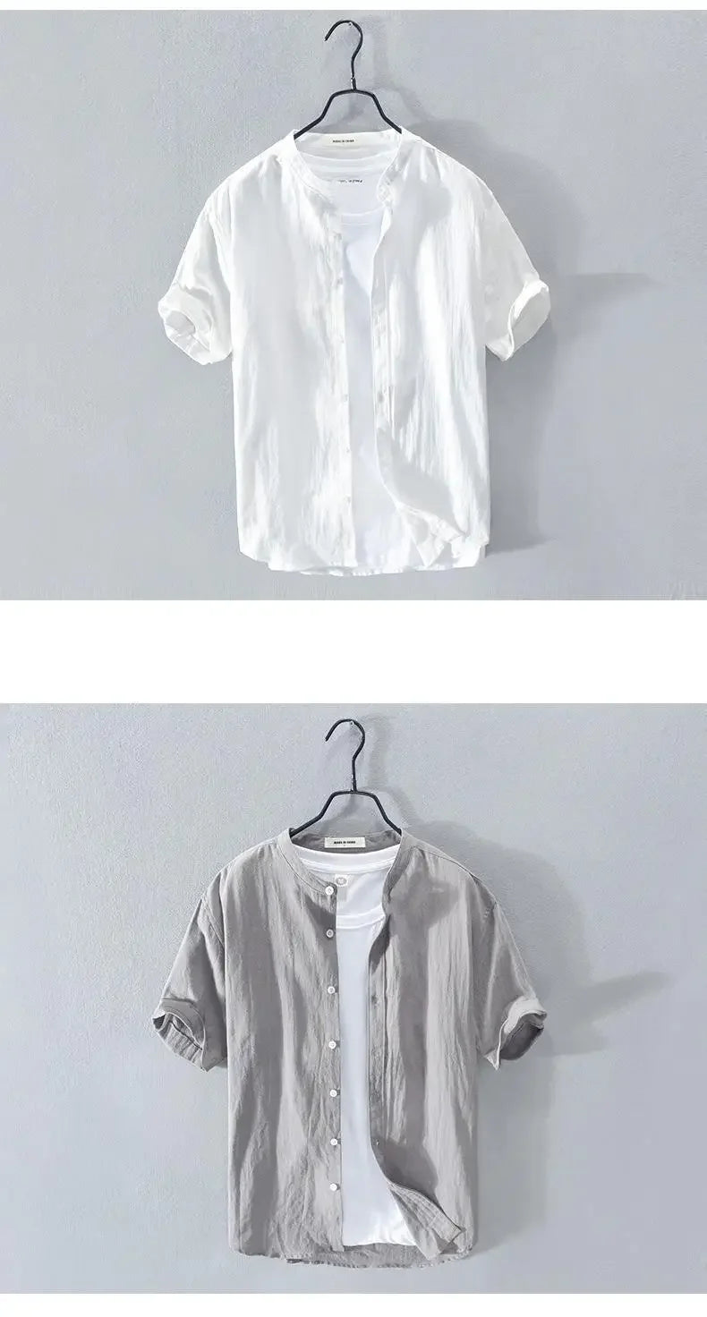 Men's Linen Shirt Short Sleeve Stand Collar Loose-fit Summer Thin Casual White Shirt Fresh Style Men's Casual Short Sleeve