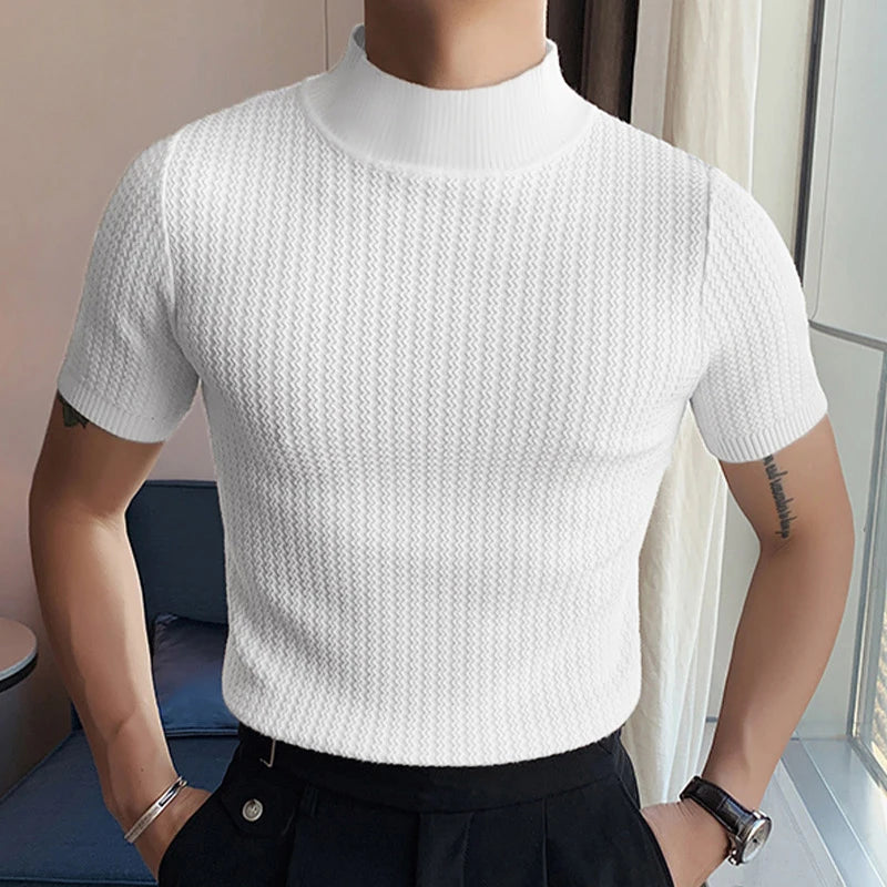 New Fashion Tight T-shirt Casual Streetwear Textured High-neck Solid Color Short-sleeved Bottoming Tees Korean Style Tops