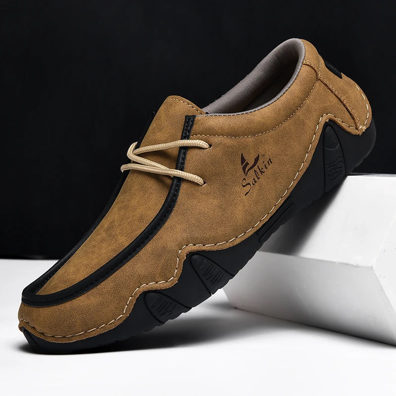 Handmade Leather Casual Men Shoes Design Sneakers Man Loafers Breathable Low Top Flat Shoes Driving Plus Size
