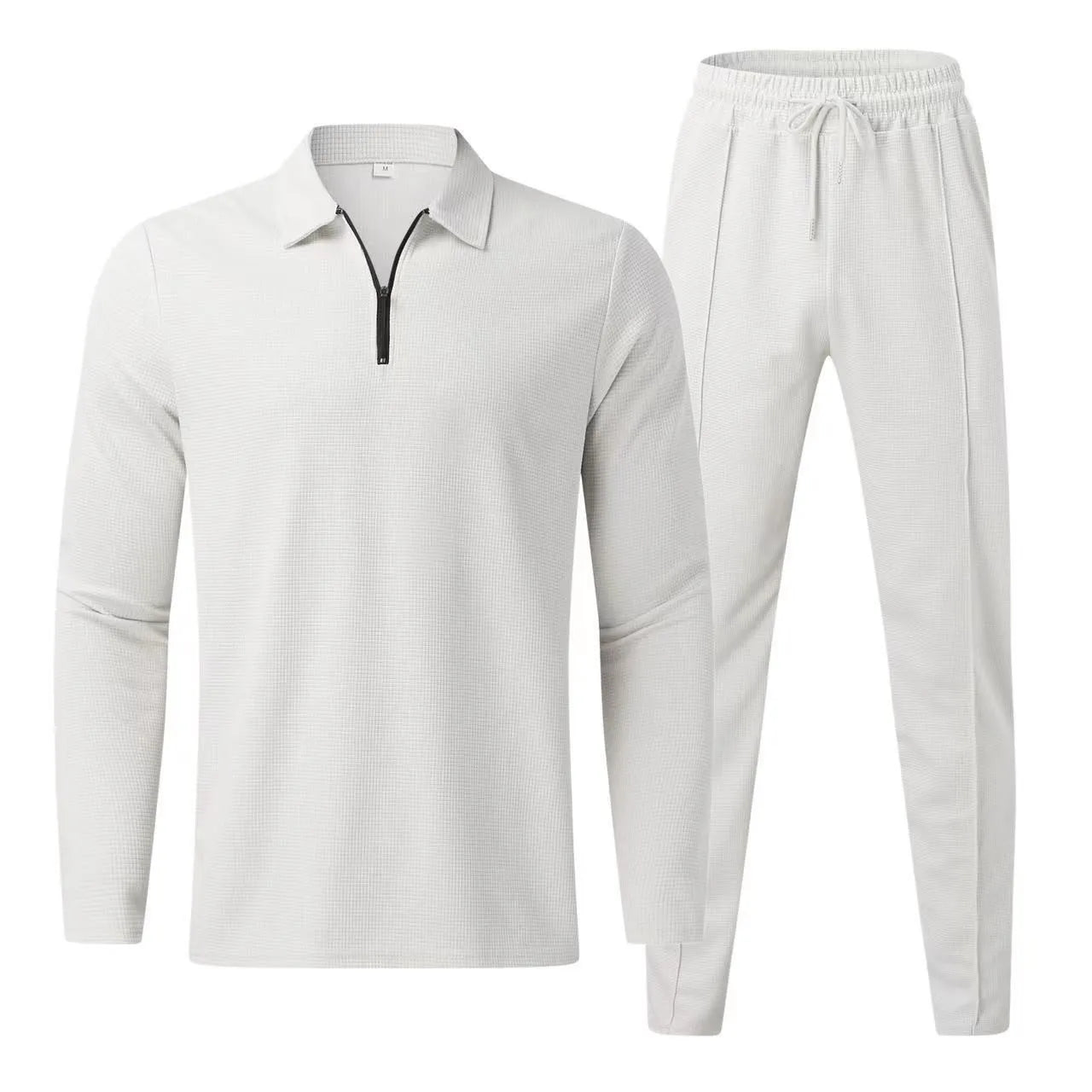 New Waffle men's casual long sleeve Polo shirt + sweatpants suit set Solid men's lapel collar sweatshirt set 2PCS men's clothing