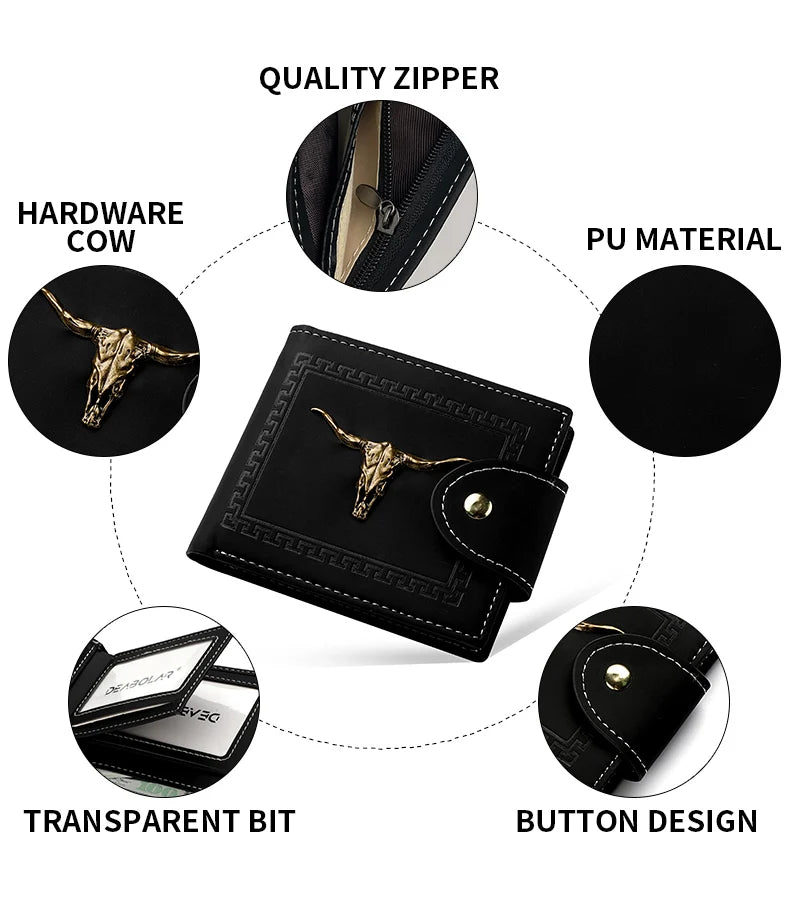 New Men's Wallet Short Multi-Function Multi-Card Slot Metal Bull Label Luxury Wallet Zipper Designer Small Slim Wallet