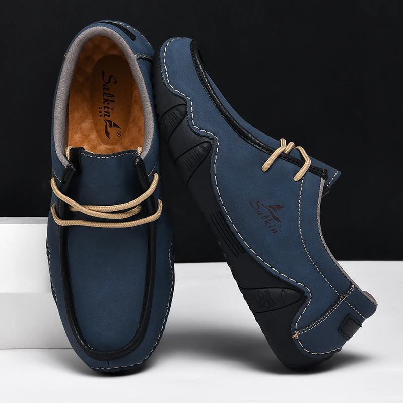 Handmade Leather Casual Men Shoes Design Sneakers Man Loafers Breathable Low Top Flat Shoes Driving Plus Size