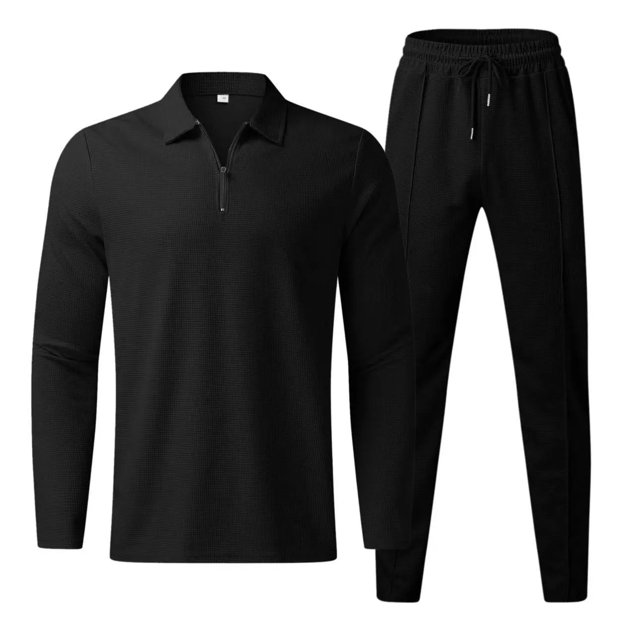 New Waffle men's casual long sleeve Polo shirt + sweatpants suit set Solid men's lapel collar sweatshirt set 2PCS men's clothing