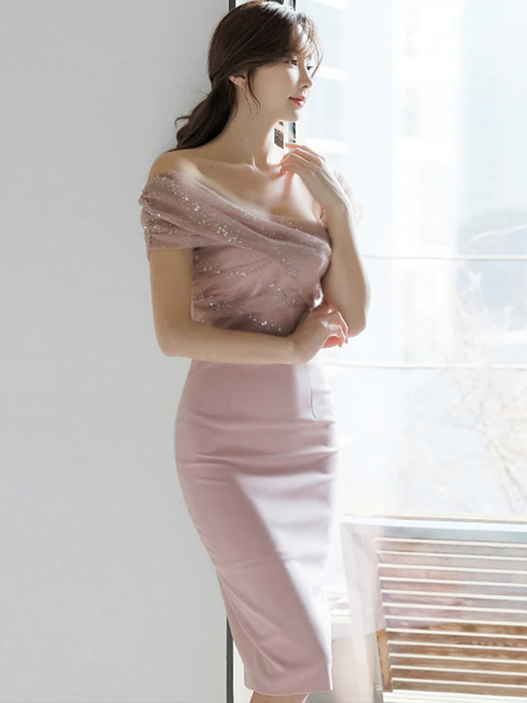 Fashion Evening Dress Women Ladies Clothes Elegant Sparkly Shiny Sequin Sexy Off-Shoulder Backless Midi Party Prom Mujer Vestido