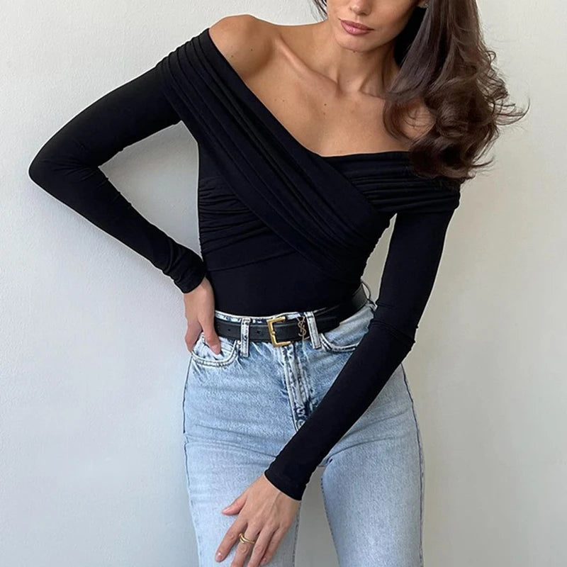 new 2025 sexy and fashionable V-neck off shoulder patchwork long sleeved slim fit versatile casual jumpsuit for woman